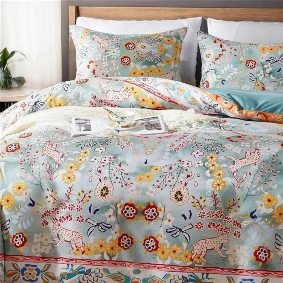 NEW Anthro Blue Jungle Multicolor Boho Queen / King Bedding Duvet & Sham Case - Picture 7 of 16